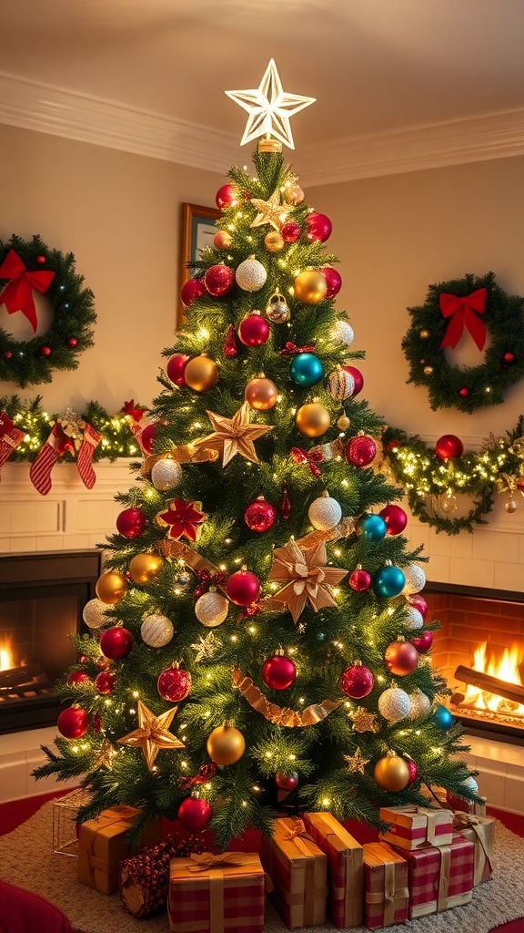 Festive Christmas Tree Decoration Ideas A festive Christmas tree decorated with lights and ornaments in a cozy living room.